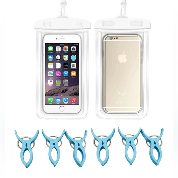 2 Clear Plastic Phone Waterproof Bag Pouch, 6 Clothespins Towel Holder for Beach - Picture 1 of 11